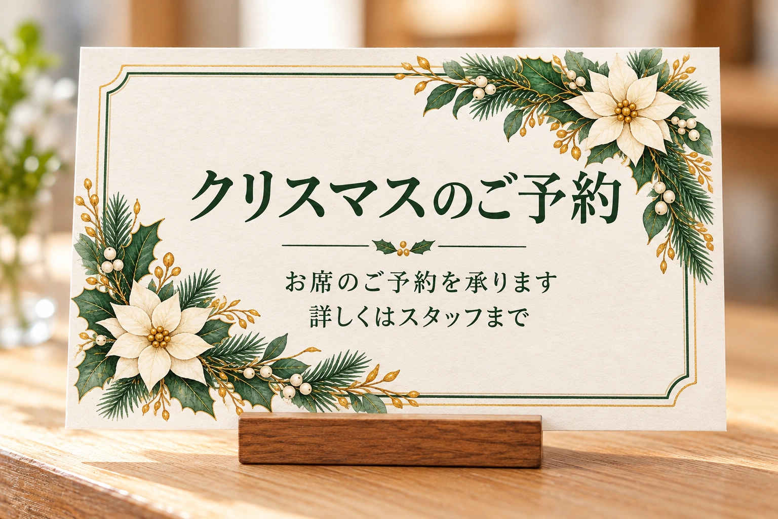 白い花の予約案内フレームを使った文字入りのお店案内の使用イメージ