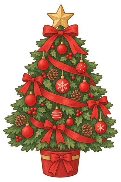赤い飾りのクリスマスツリーの水彩イラスト