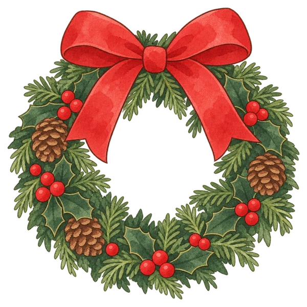 赤いリボンのクリスマスリースの水彩イラスト