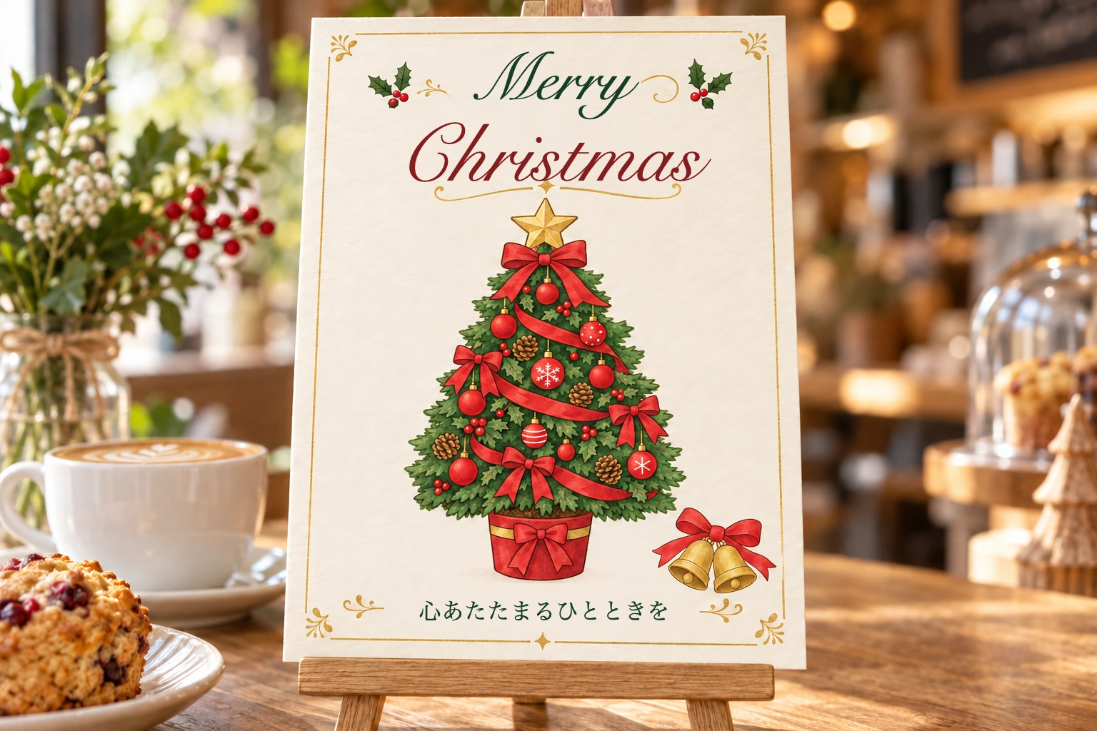 お店のカウンターにクリスマス案内を飾った使用イメージ
