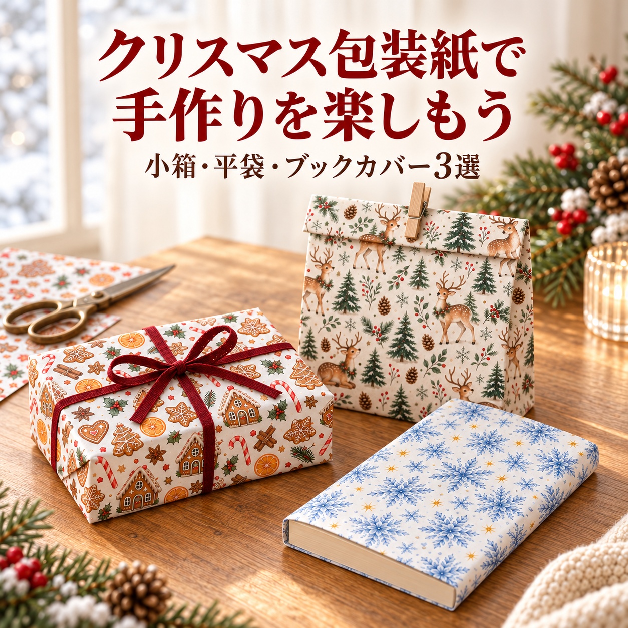 クリスマス包装紙で作る小箱のラッピング・シカ柄の平袋・雪の結晶のブックカバーの使用イメージ