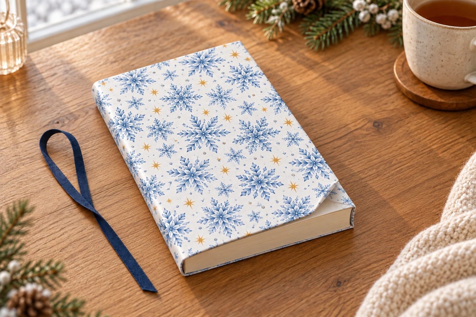 冬の読書時間に、雪の結晶のブックカバーの完成使用例