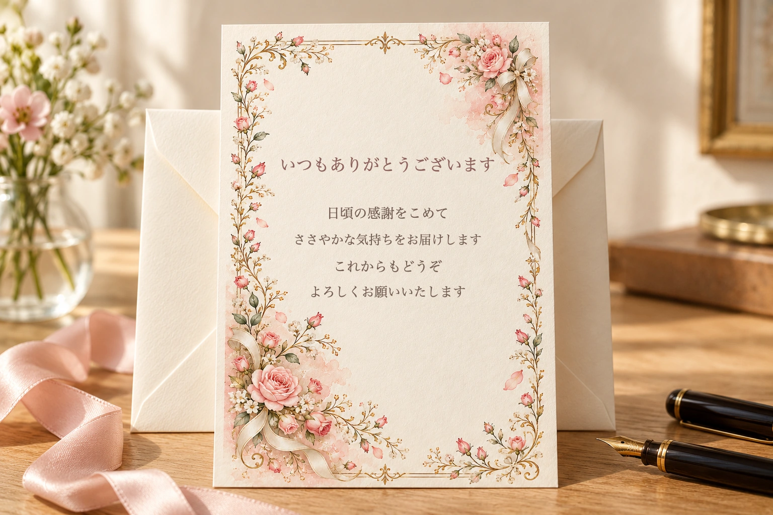 バラとリボンのフレームに文例を入れた使用イメージ