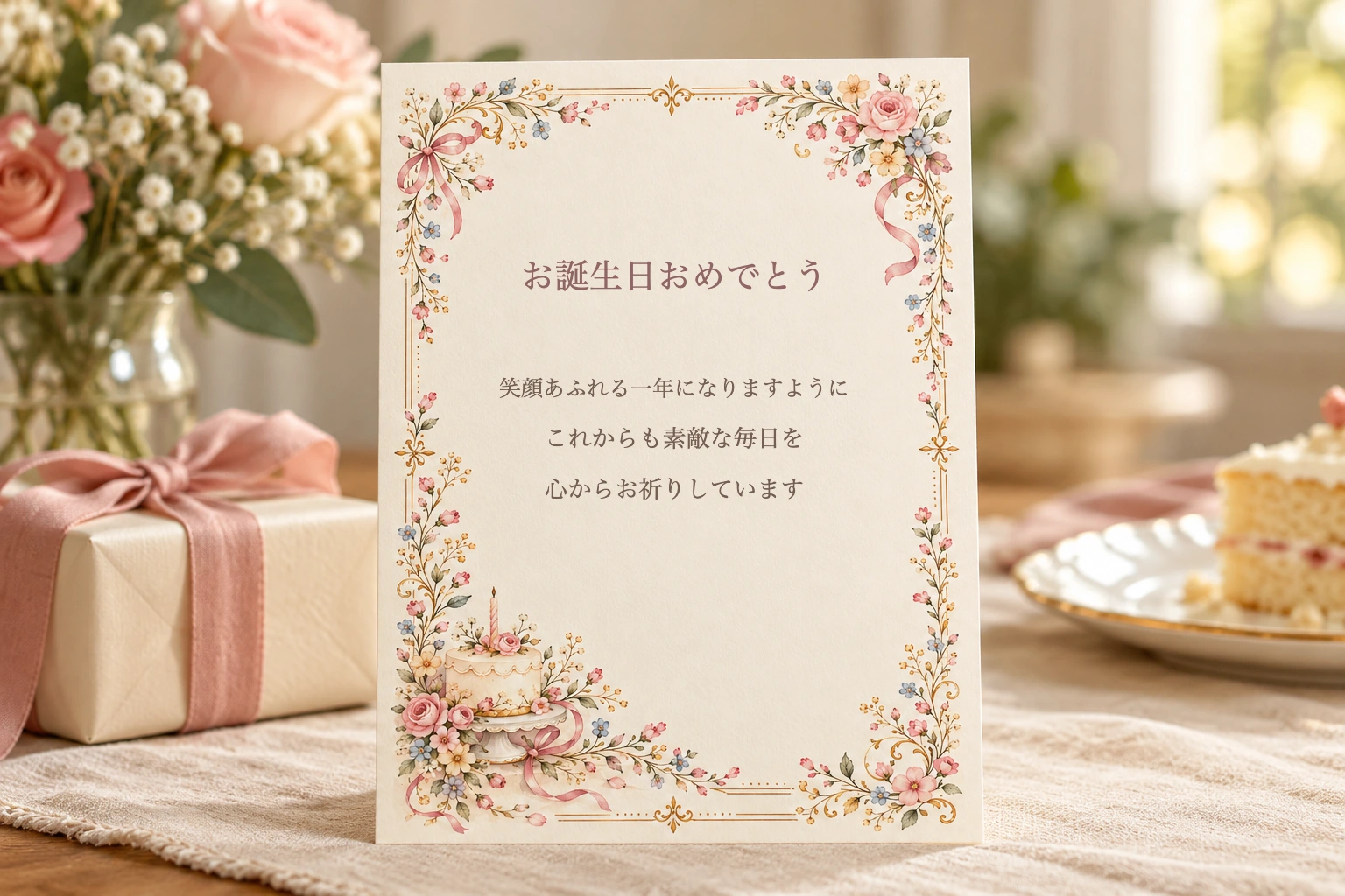 花とケーキのフレームに文例を入れた使用イメージ