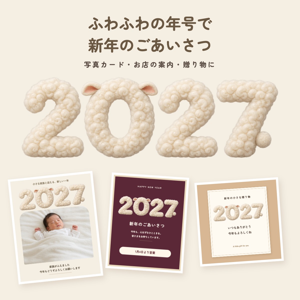ふわふわの2027文字を写真カード、お店の新年案内、贈り物ラベルに使ったデザイン例