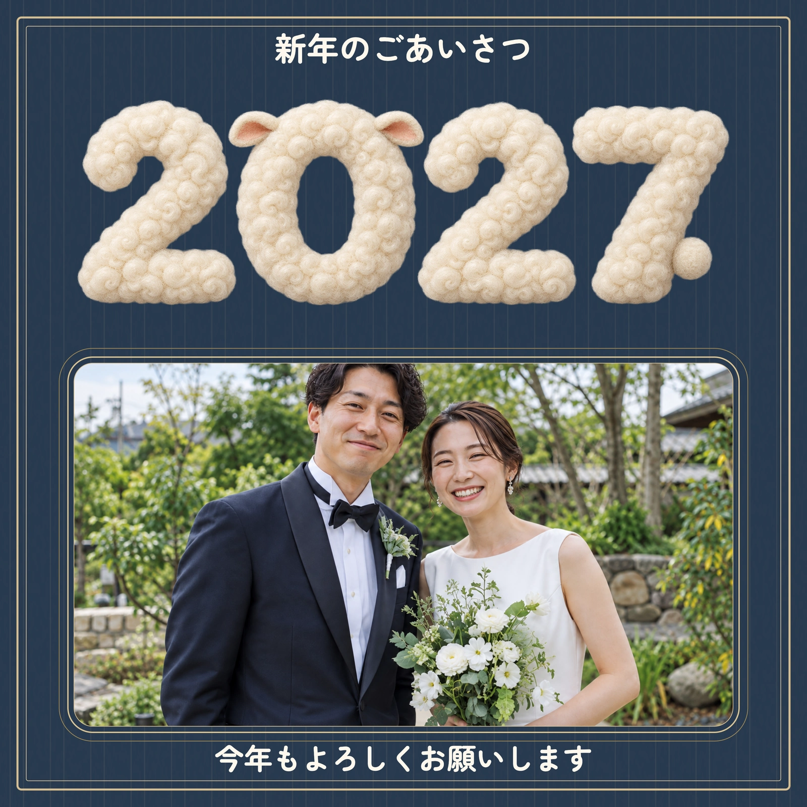 濃紺でまとめる、ふたりの写真年賀状の完成デザイン