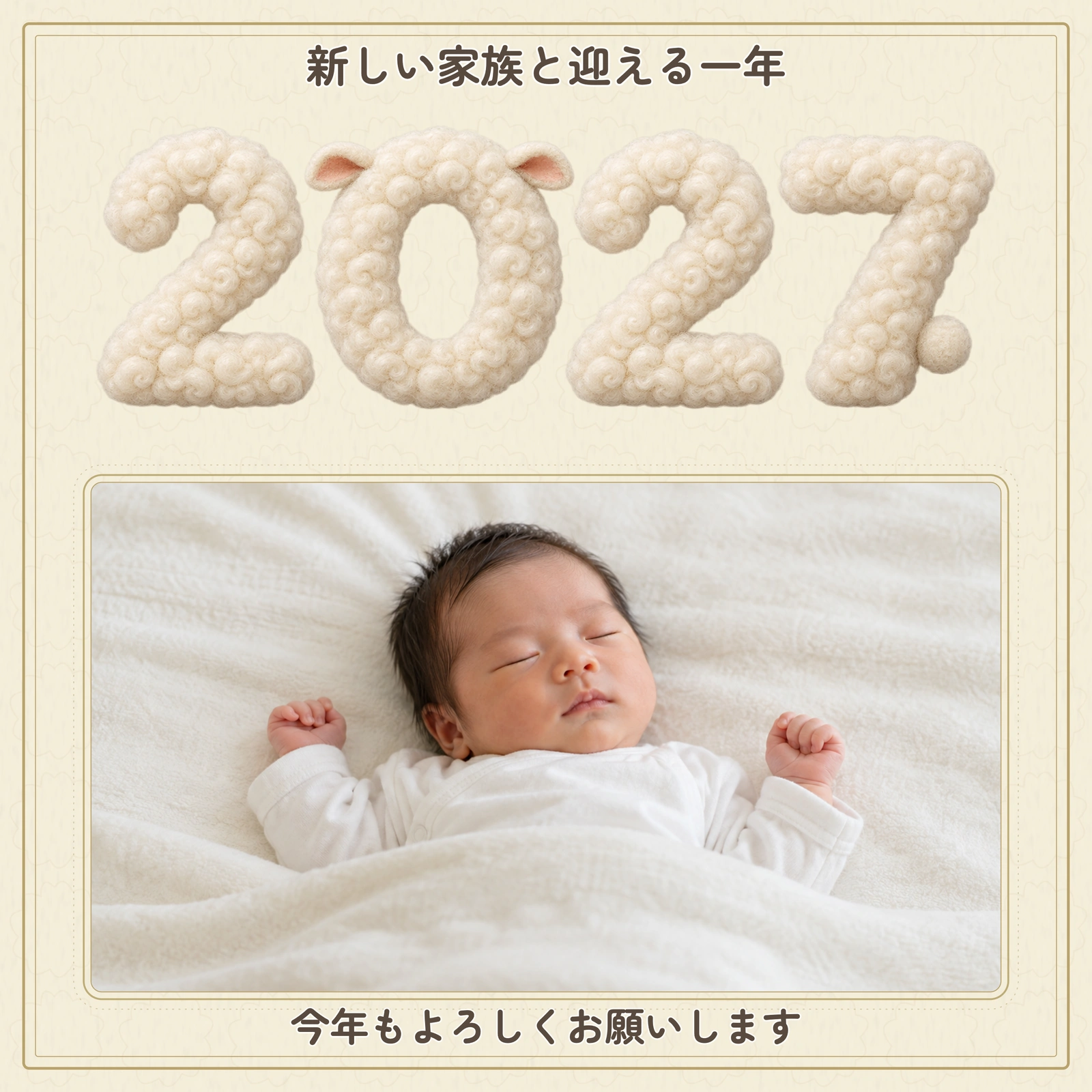 印刷にも使いやすい、生成りの新年カードの完成デザイン