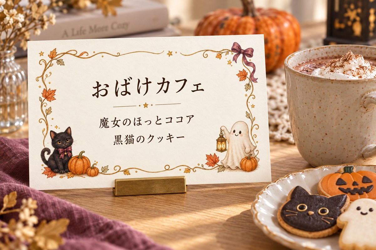 黒猫とおばけの横長フレームで作ったハロウィンカフェのミニメニューとココア、クッキー