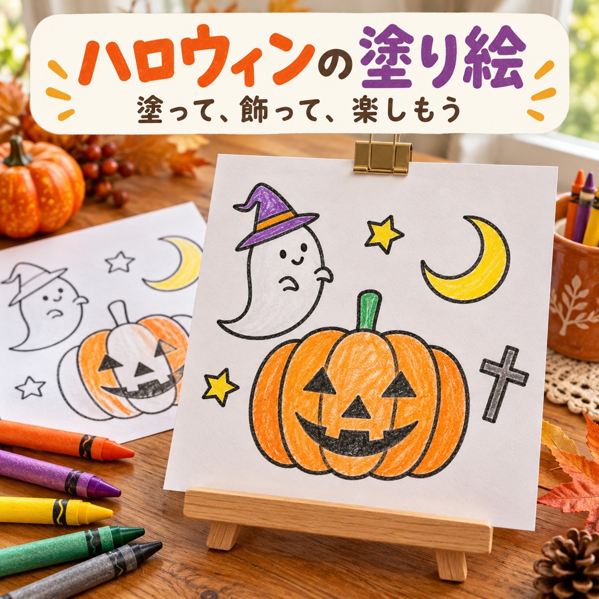 かぼちゃとおばけのハロウィン塗り絵を印刷して色を塗り、卓上に飾った使用例