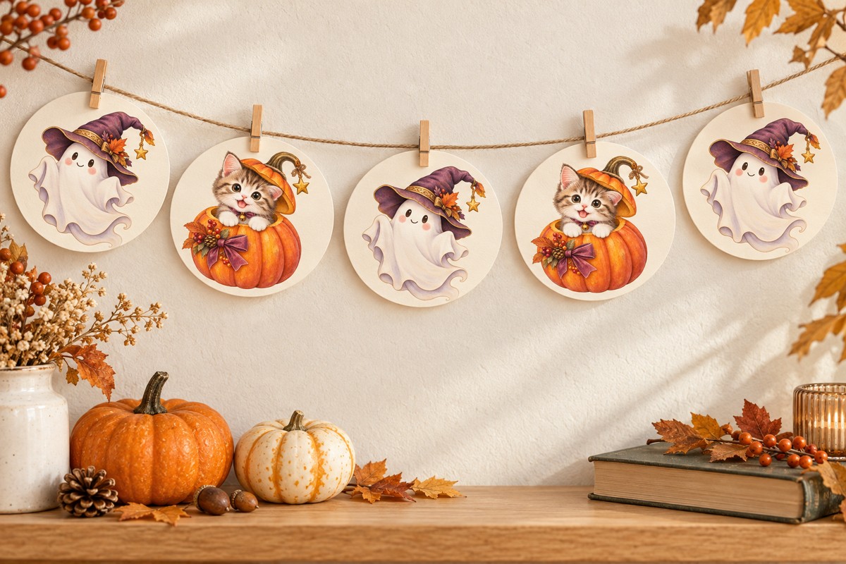 おばけと子猫の無料イラストを丸い紙に印刷し、木製クリップでひもにつるしたハロウィンガーランド