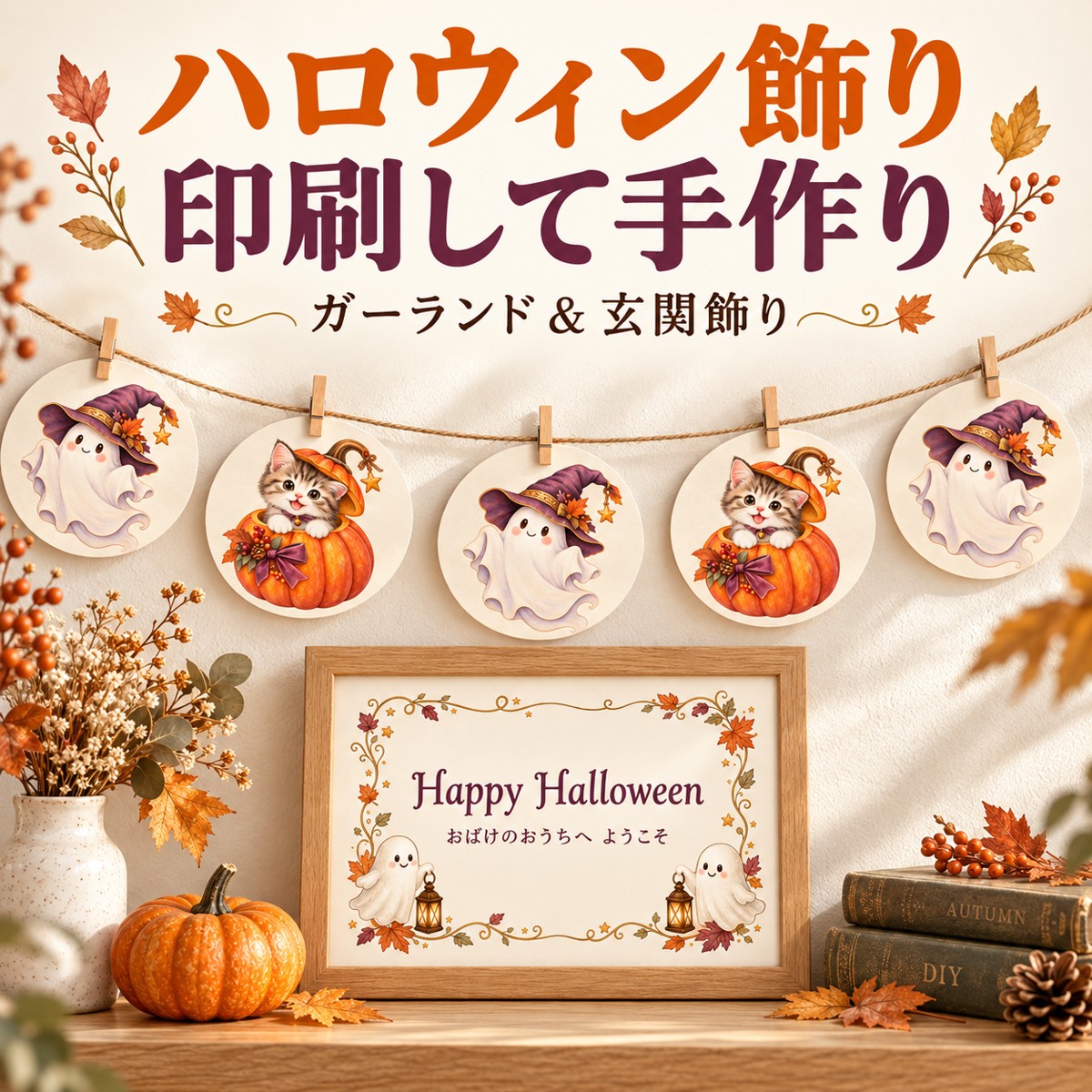 無料ハロウィンイラストを印刷して作ったおばけと子猫のガーランドと玄関飾り