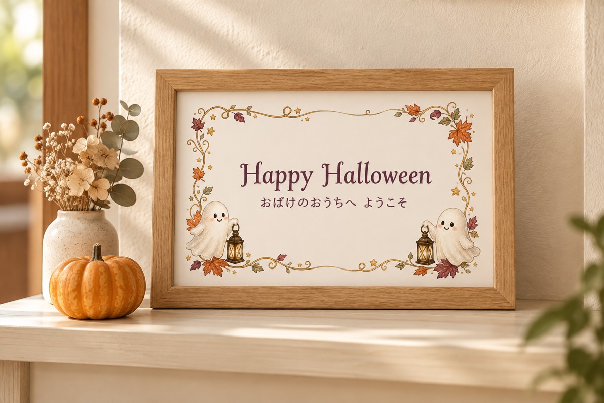 おばけとランタンの無料フレームにHappy Halloweenの文字を入れ、木製額に飾った玄関のミニポスター