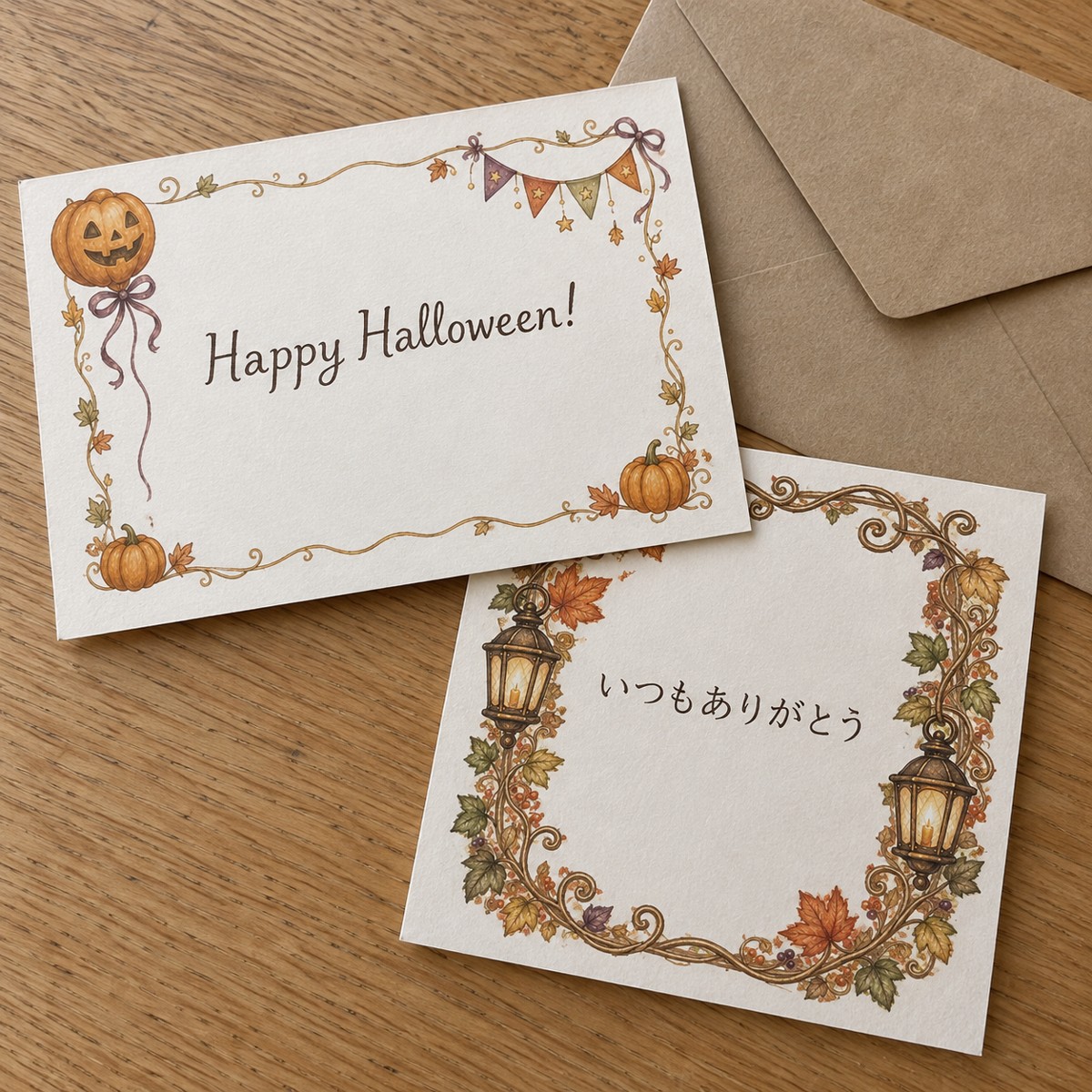 かぼちゃのかわいい枠とランタンのおしゃれな枠に文字を入れ、机に並べたハロウィンカードの使用例