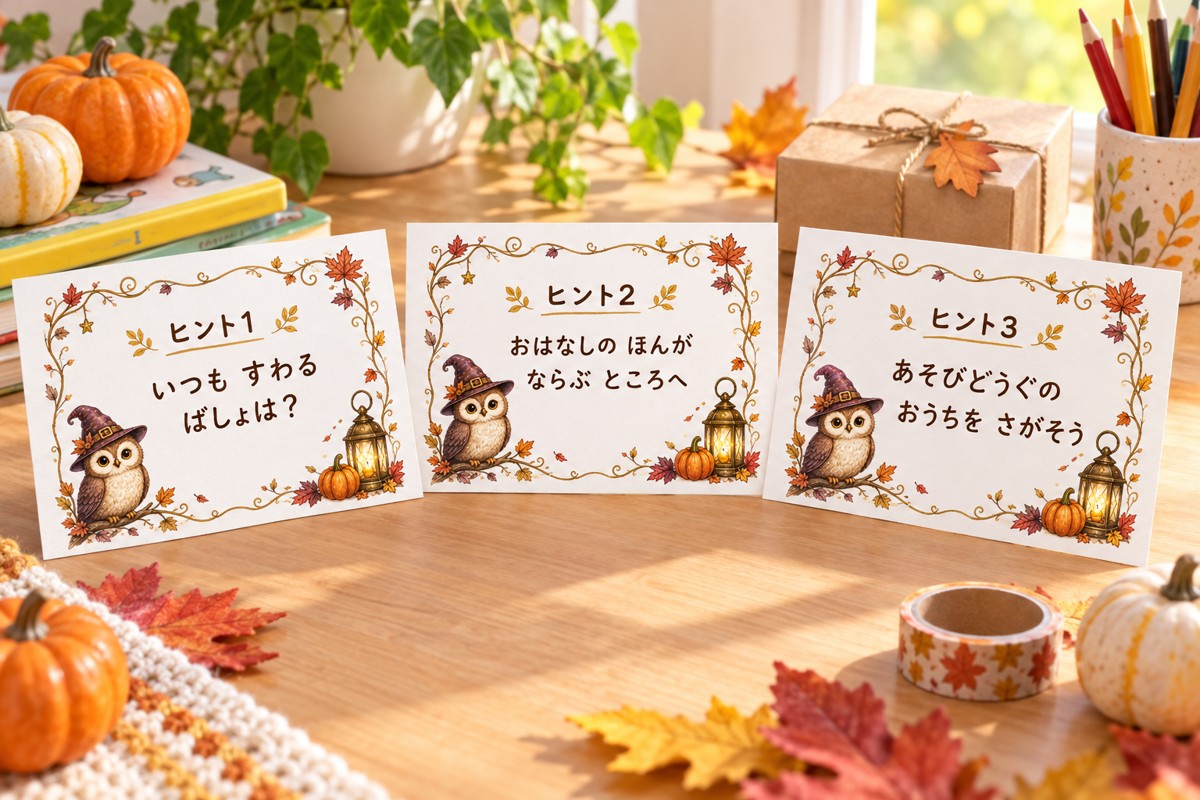 ふくろうのハロウィンフレームで作ったヒント1から3までの宝探しカード