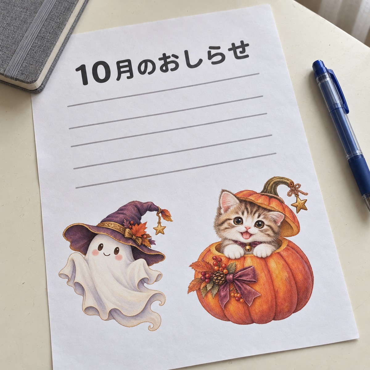 白いお知らせ用紙にかぼちゃのねことおばけのイラストを小さく添えた使用例