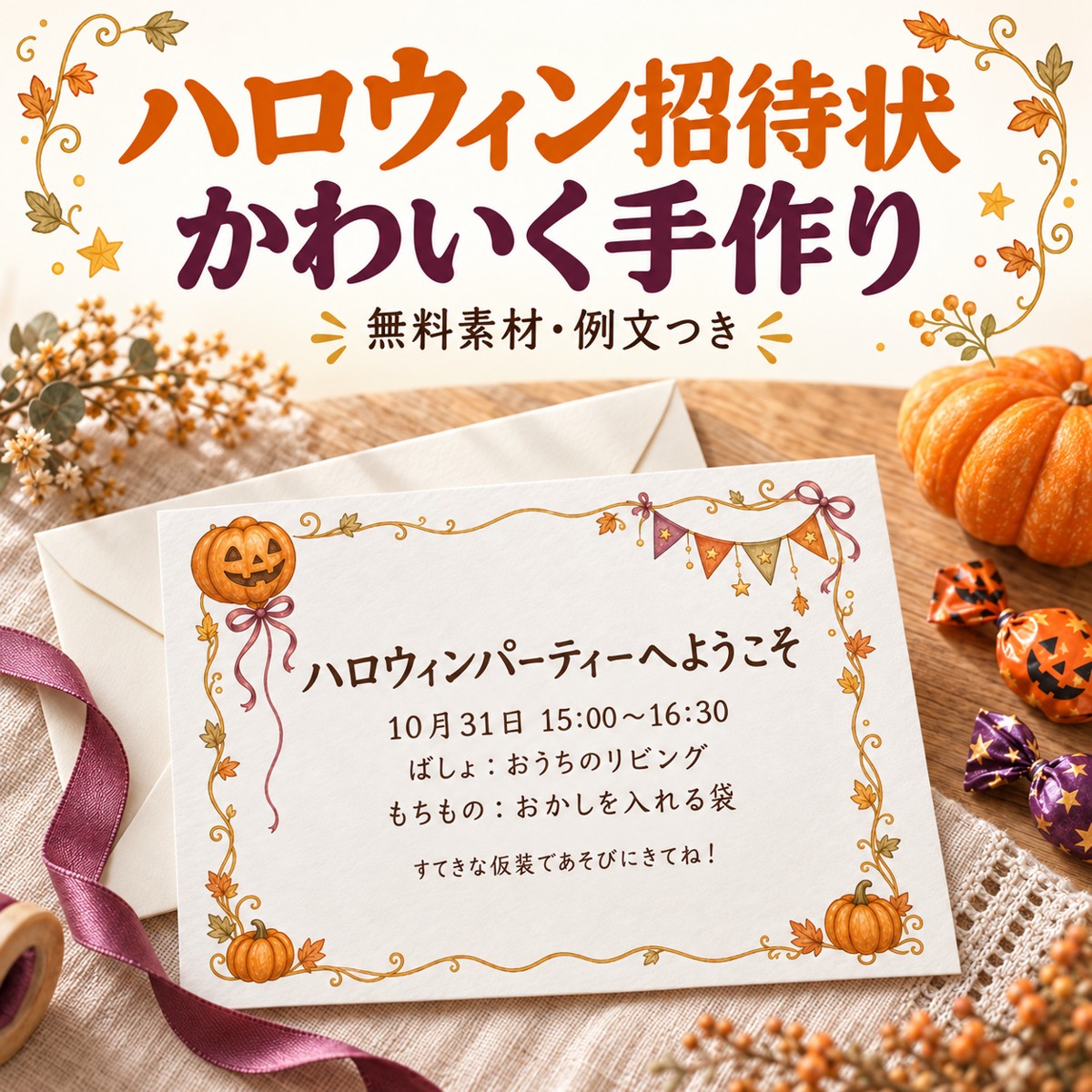 無料イラストを使ったハロウィンパーティー招待状の完成例