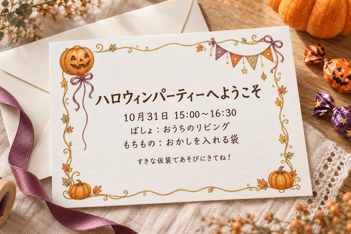 かぼちゃ風船とガーランドの無料フレームに日時・場所・持ち物を入れたハロウィン招待状