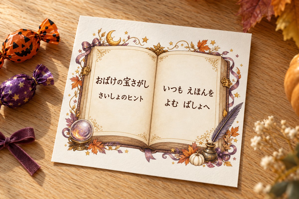魔法の本と水晶玉の無料フレームに宝探しのヒントを入れたハロウィンカード