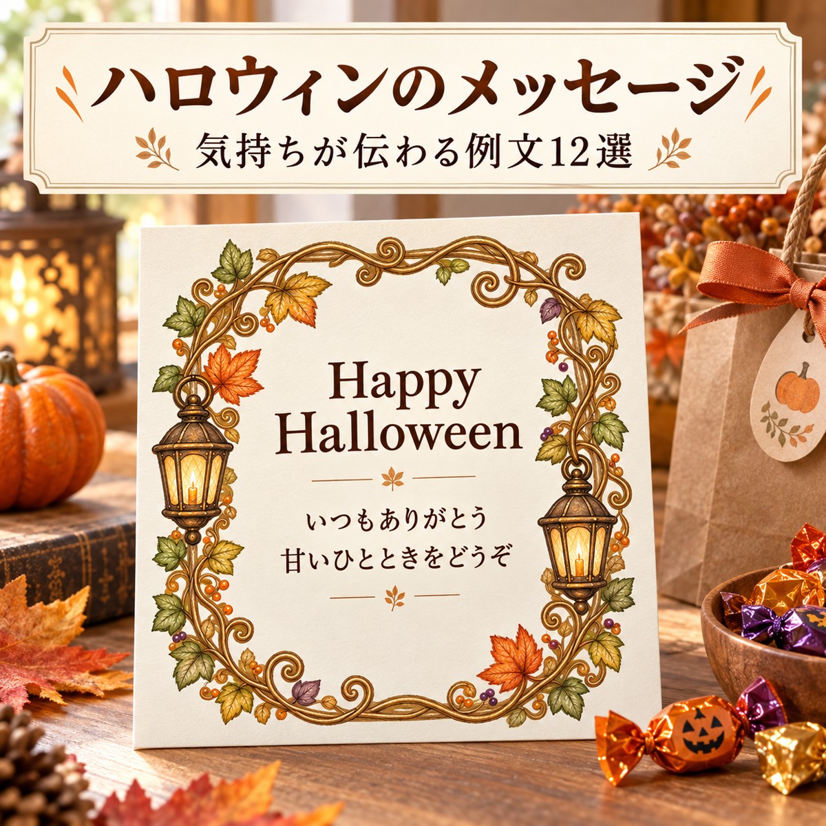 ランタンと紅葉の無料フレームにハロウィンのお礼メッセージを入れ、お菓子に添えたカードの使用例