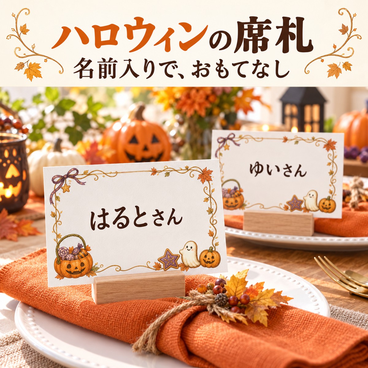 かぼちゃとおばけの無料フレームに名前を入れ、木製ホルダーで立てたハロウィンの席札