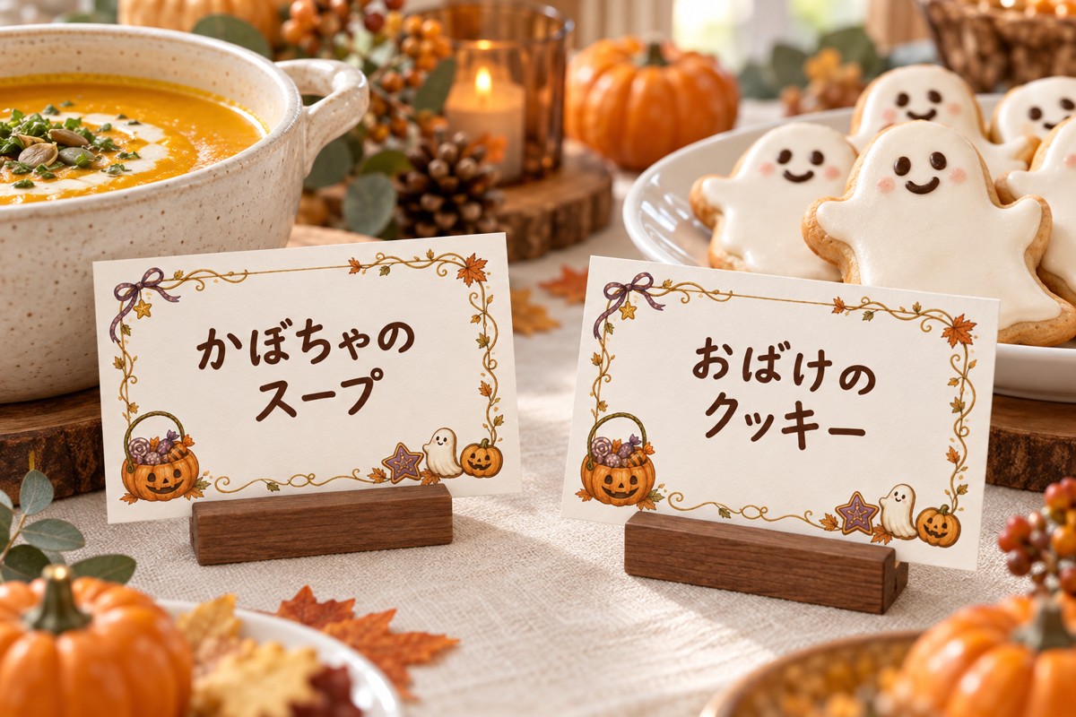 同じ無料フレームにかぼちゃのスープとおばけのクッキーの料理名を入れたハロウィン料理カード