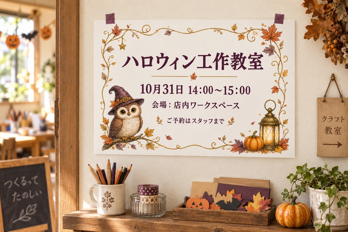 ふくろうとランタンの秋色フレームに日時と会場を入れたハロウィン工作教室のポスター