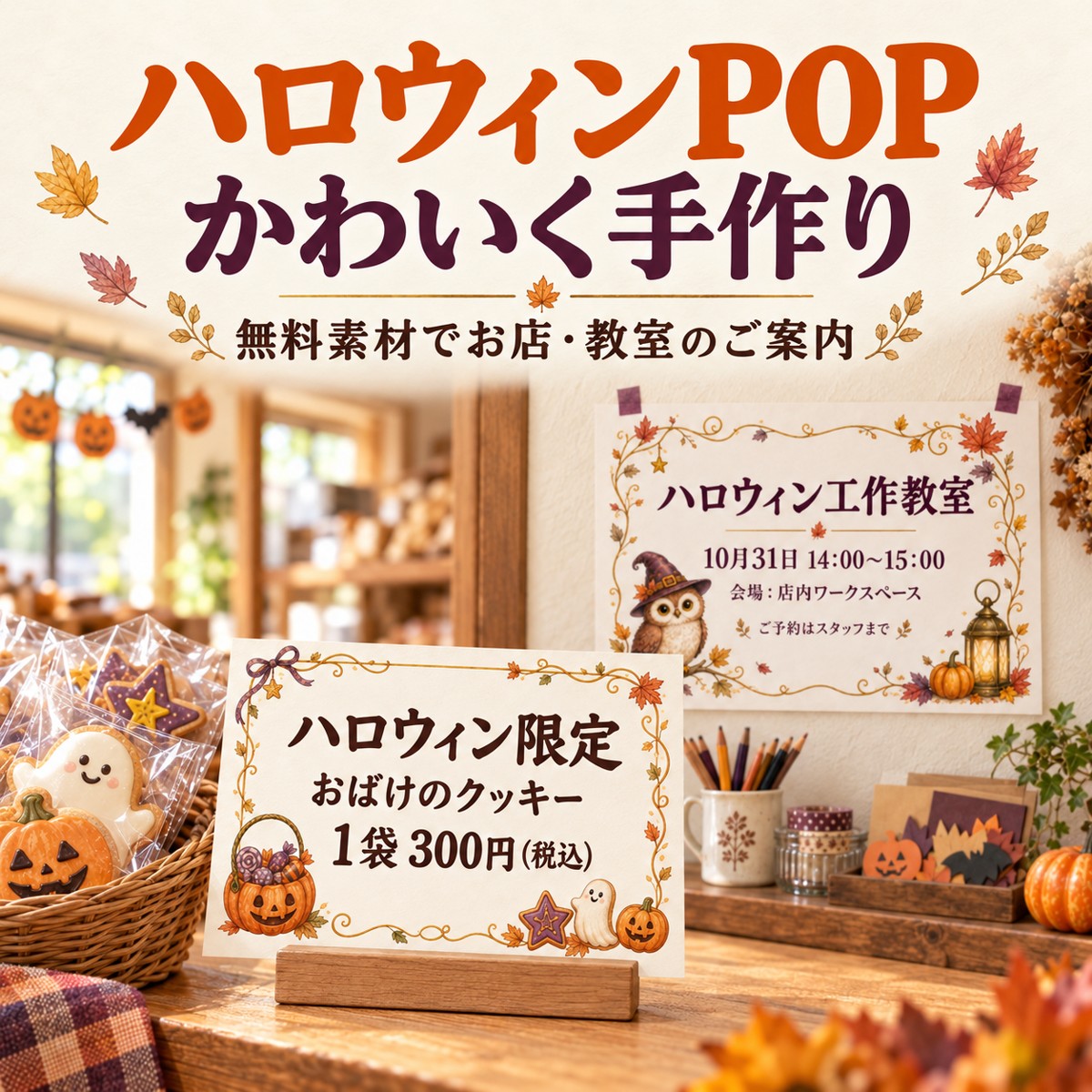 ハロウィンの無料イラストを使った売り場POPと工作教室の告知ポスター
