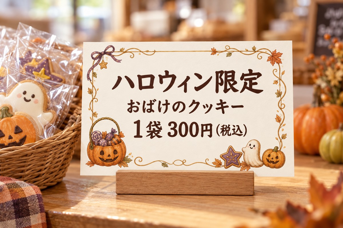 お菓子とかぼちゃの無料フレームに商品名と税込価格を入れたハロウィンの売り場POP
