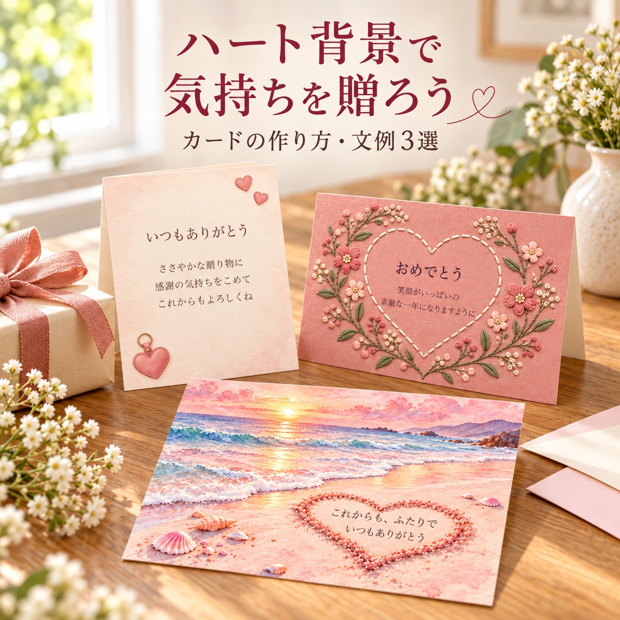 ハート背景でメッセージカードを無料作成｜お礼・お祝い・記念日の文例3選の完成使用イメージ