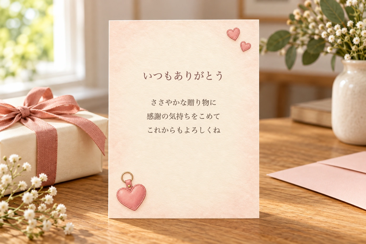 革のハート飾りの背景に文例を入れた完成使用例