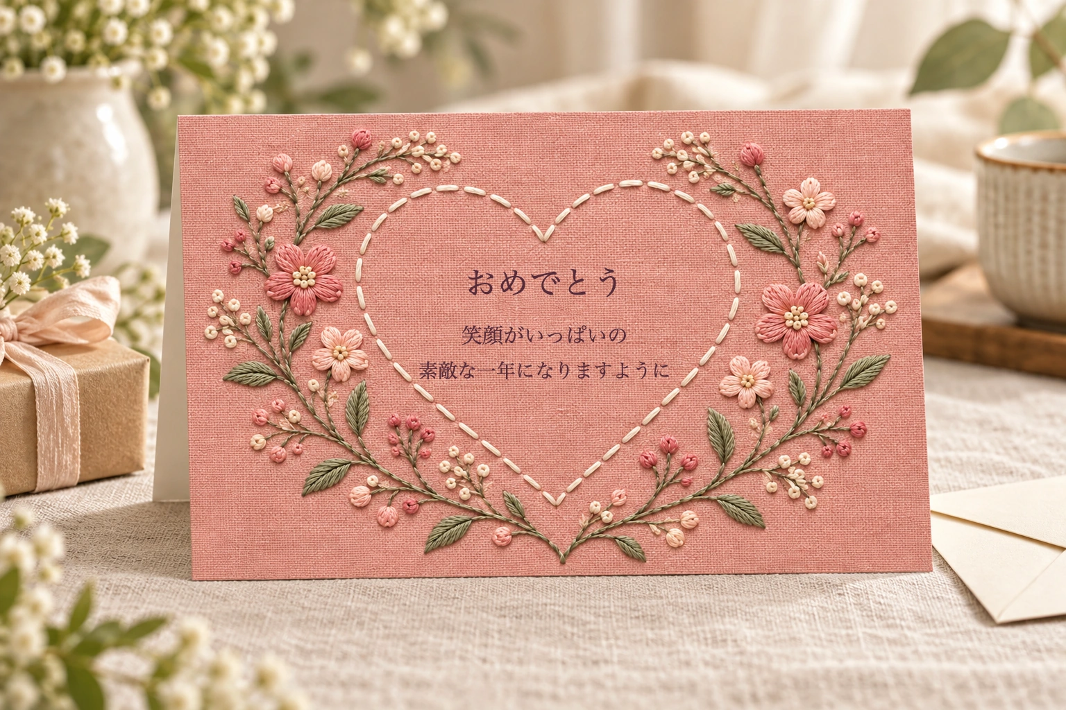 刺し子風のハート背景に文例を入れた完成使用例