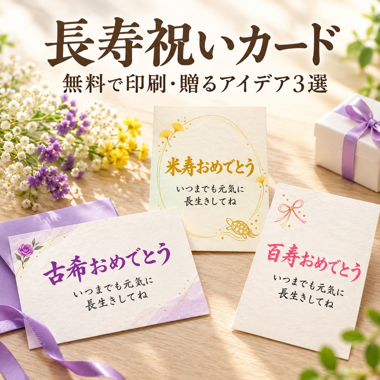 古希・米寿・百寿の長寿祝いカードを並べた使用イメージ