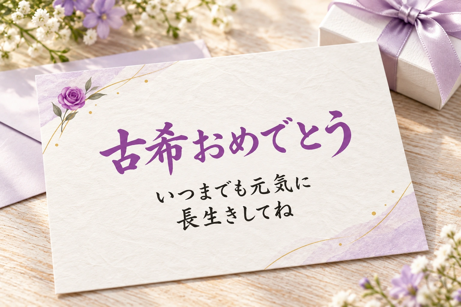 紫のバラの古希祝いカードを使った写真風の使用イメージ