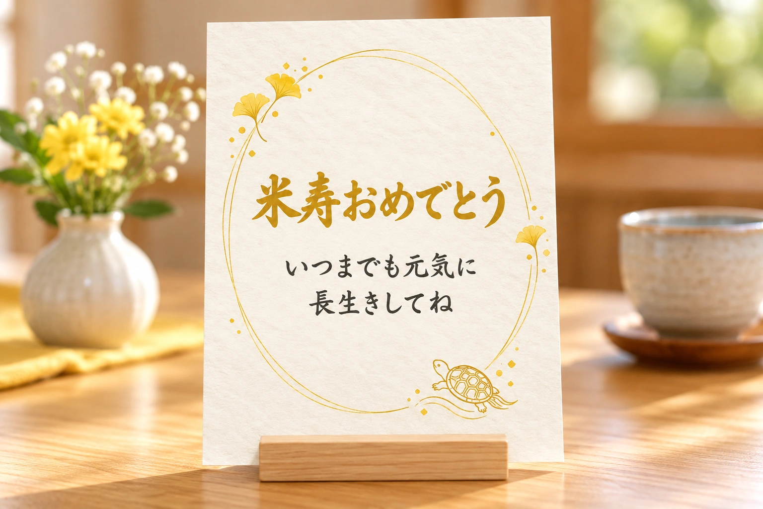 イチョウと亀の米寿祝いカードを使った写真風の使用イメージ