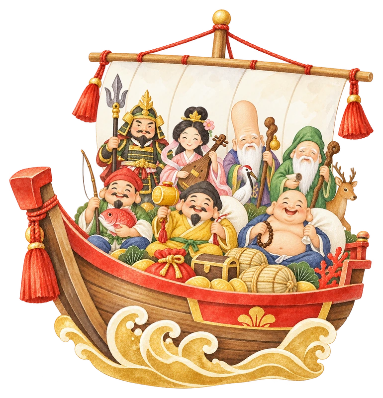七福神の宝船の水彩イラスト