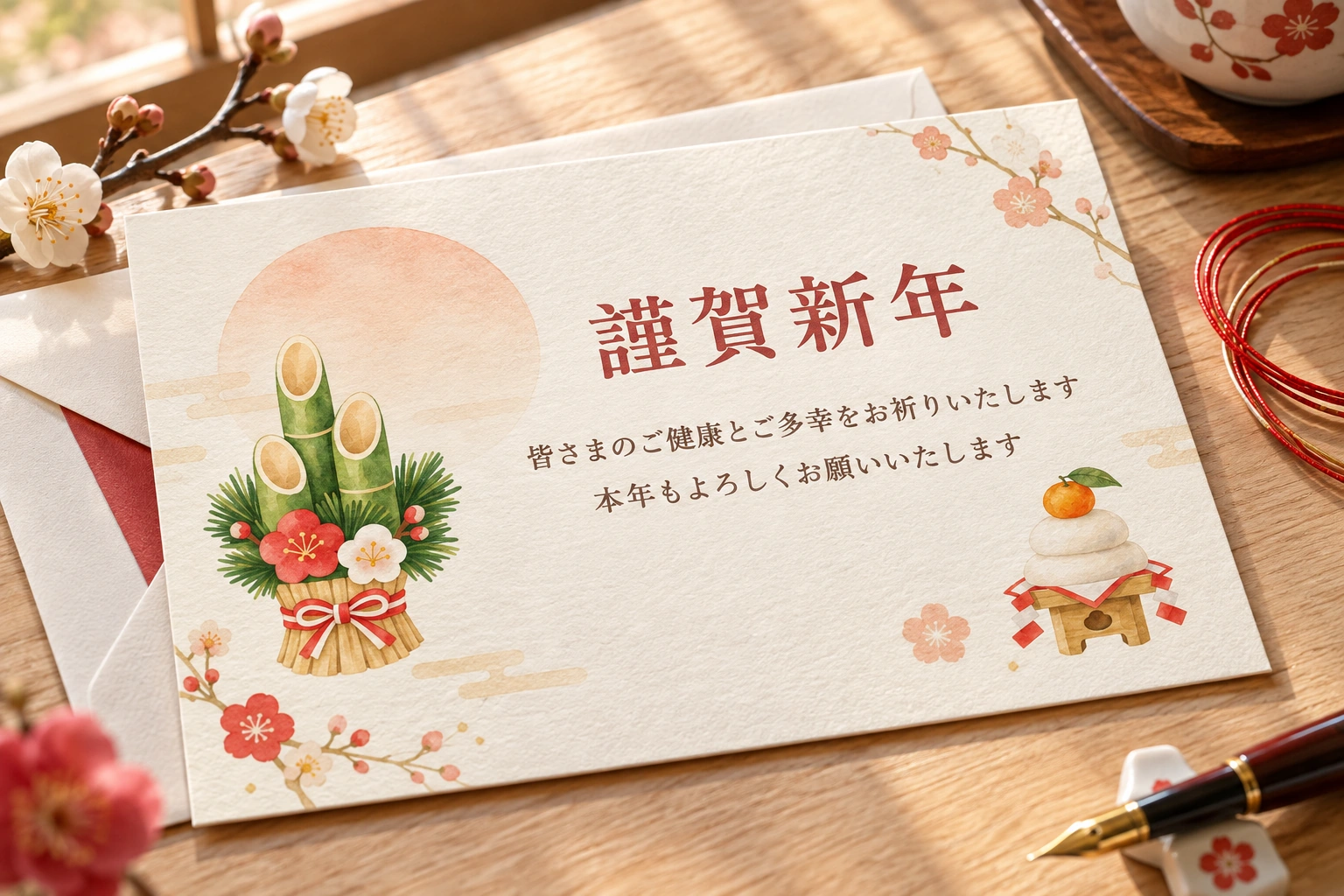 門松と鏡餅を添えて、定番の年賀状に使用イメージ