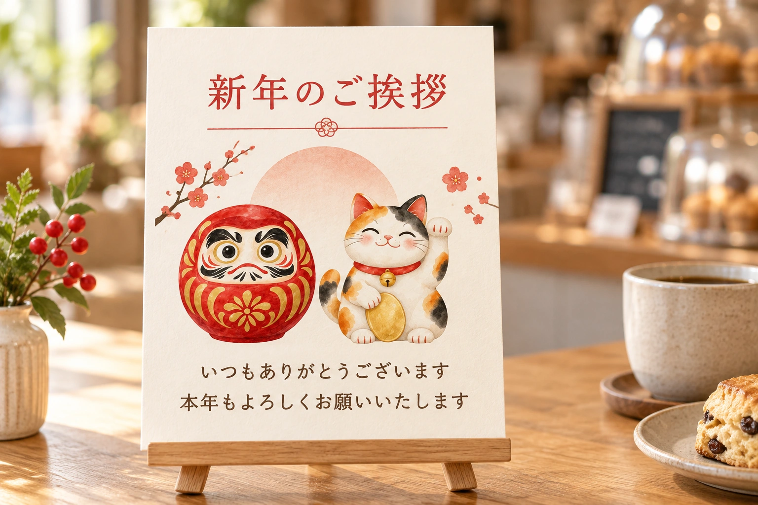 だるまと招き猫で、お店の新年のお知らせ使用イメージ