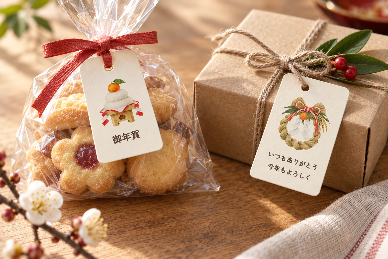 鏡餅としめ縄で、贈り物に添えるお年賀タグ使用イメージ