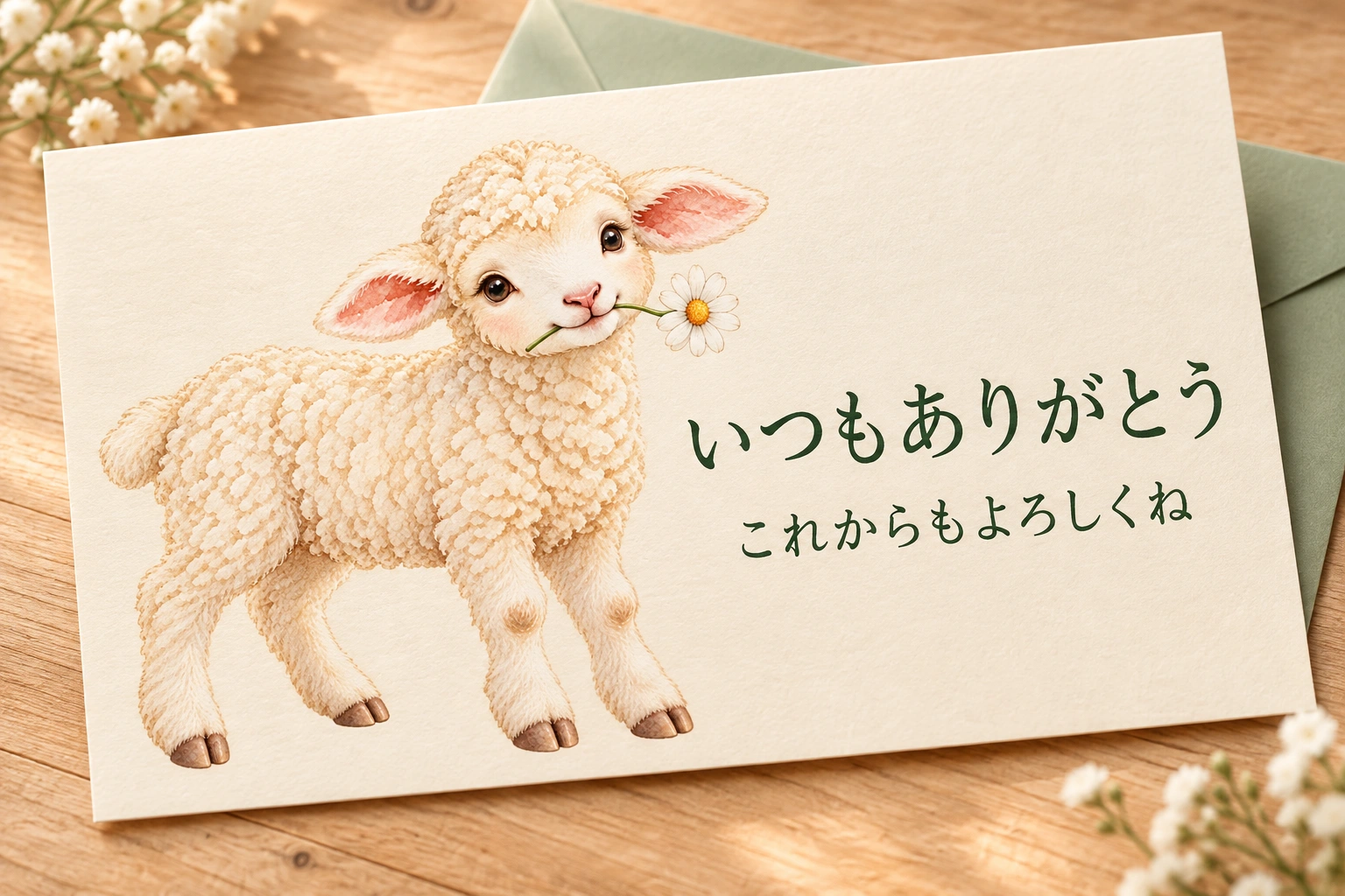 花をくわえる水彩の子羊を使ったお礼カードの使用イメージ