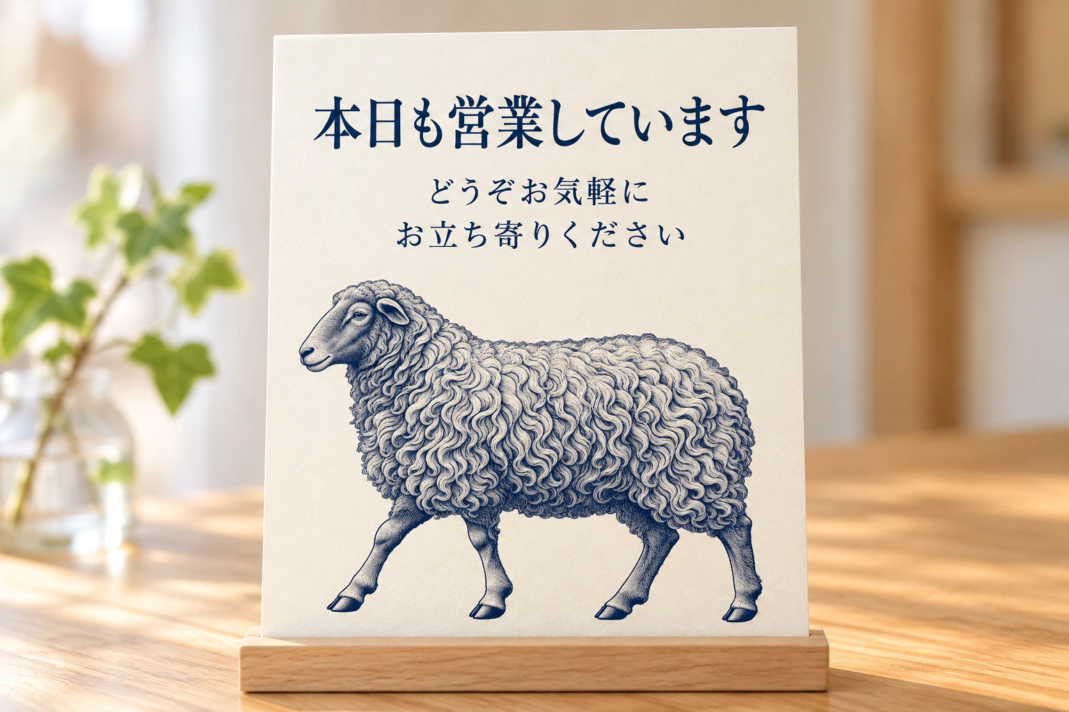 紺色の細密な線画の羊を使ったお店の案内の使用イメージ