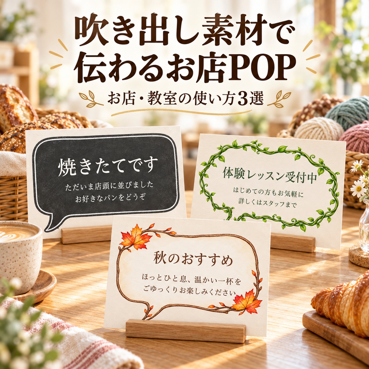 吹き出し素材でお店のPOPを手作り｜売り場・教室・秋のご案内に使える文例3選の完成使用イメージ