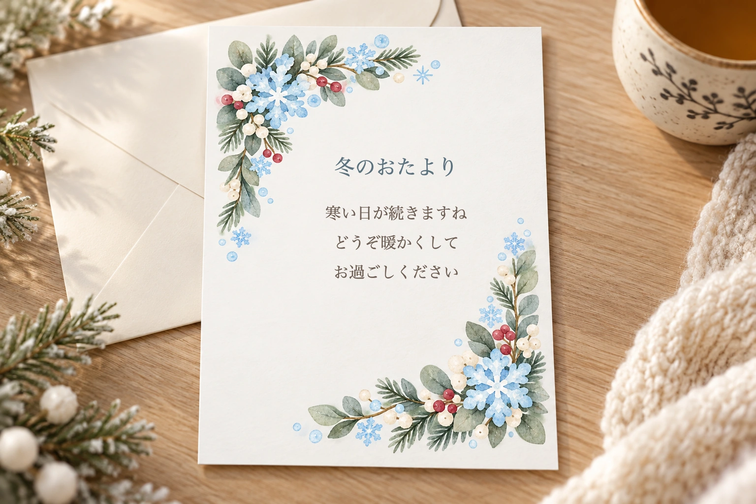 青い雪の結晶の縦長フレームの完成使用例