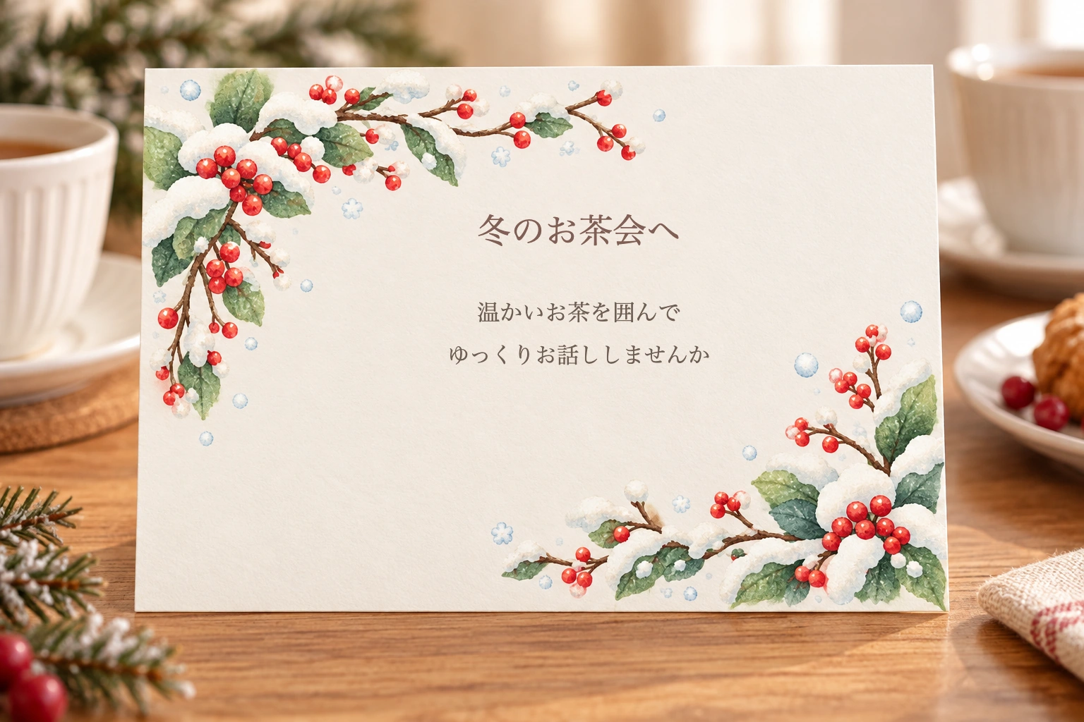 雪の小枝と赤い実の横長フレームの完成使用例