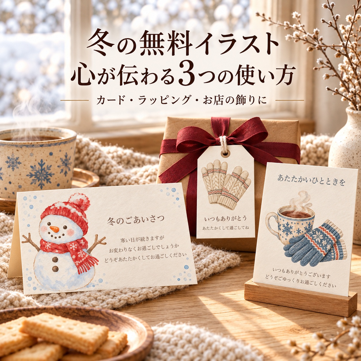 冬の無料イラストで作るカード・タグ・卓上案内の完成イメージ