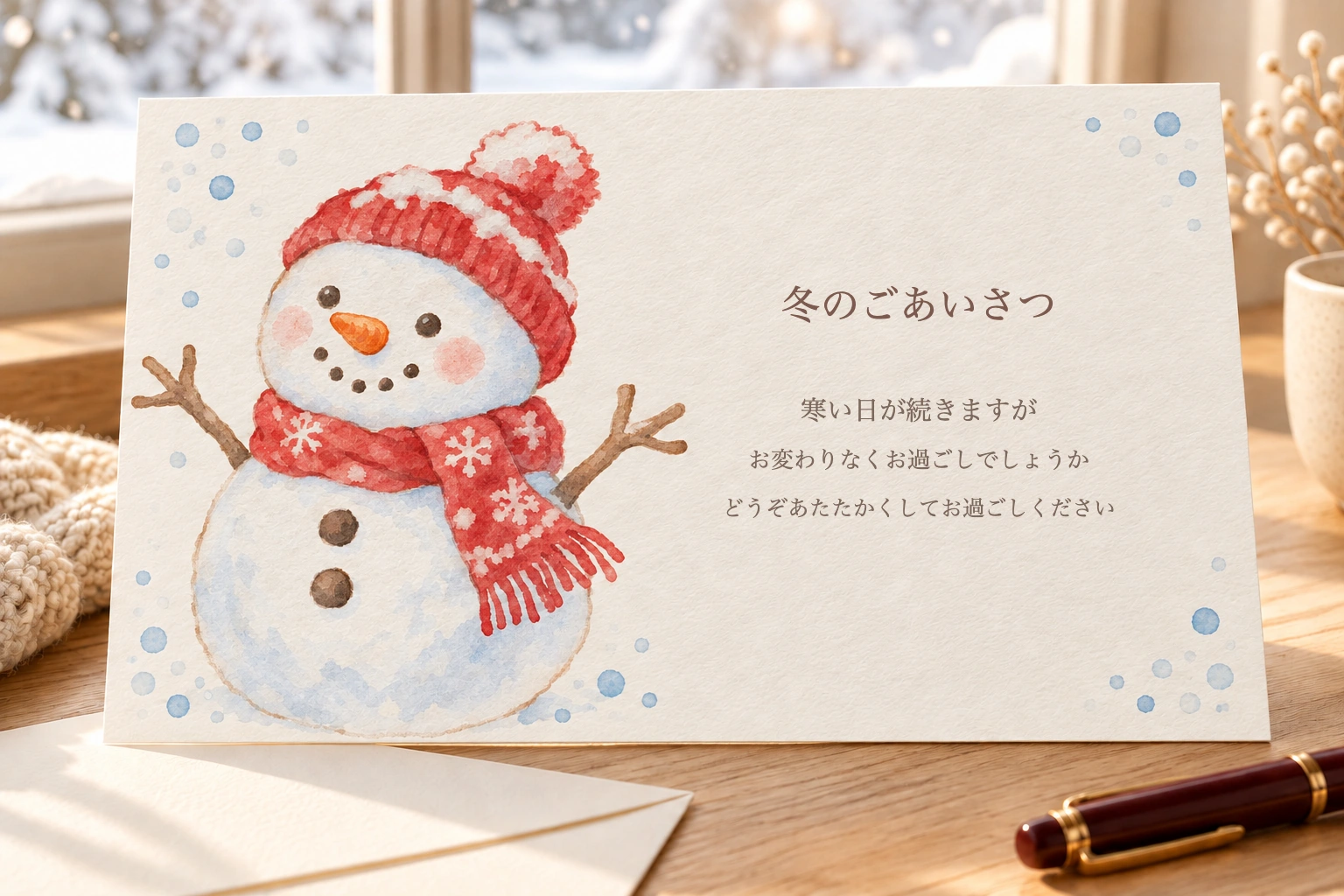 雪だるまを印刷した冬のあいさつカード
