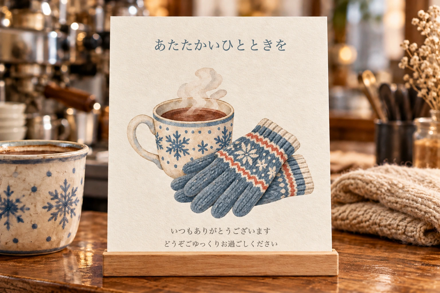 マグと手袋を印刷したお店の卓上案内