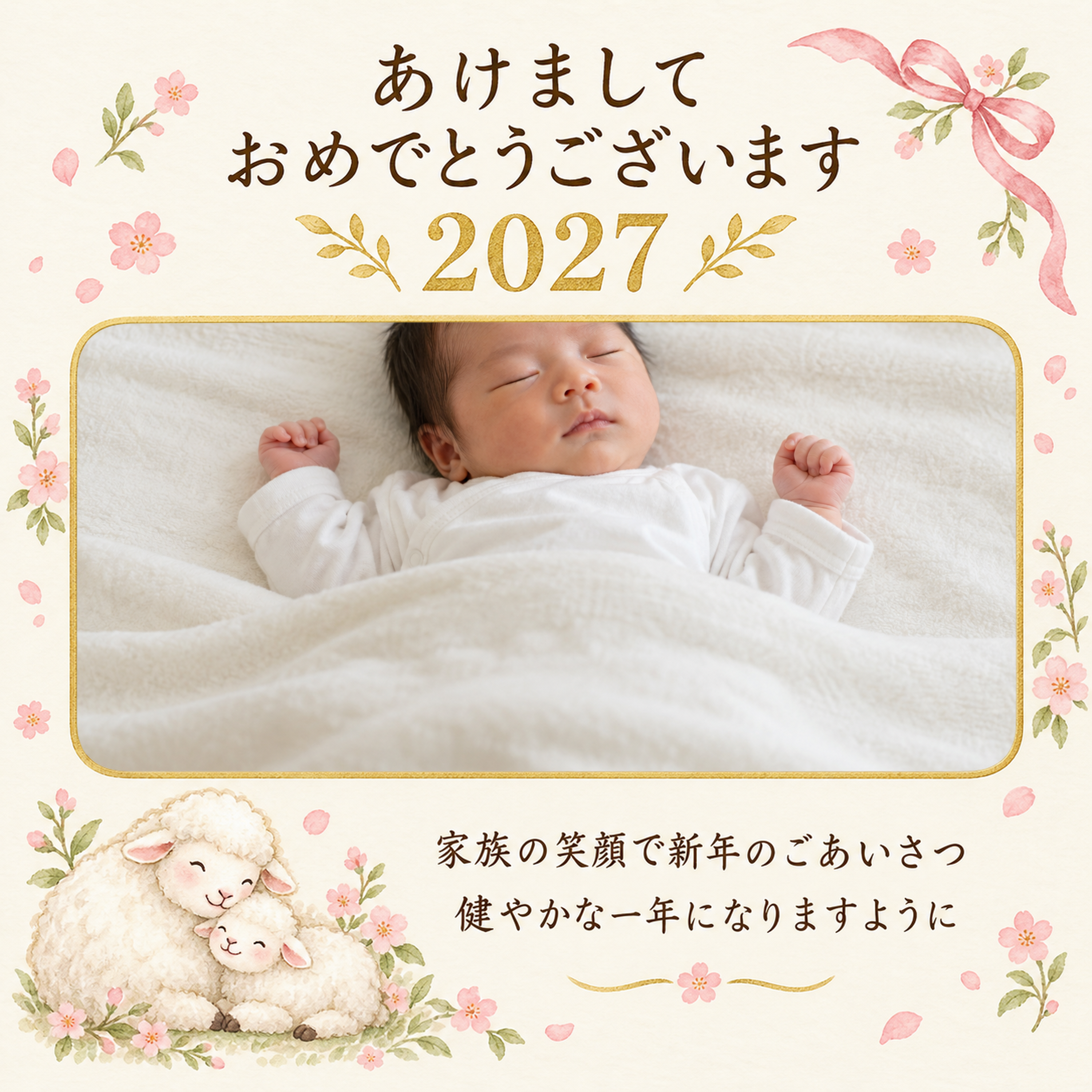 赤ちゃんの写真で新年と出産報告の完成例