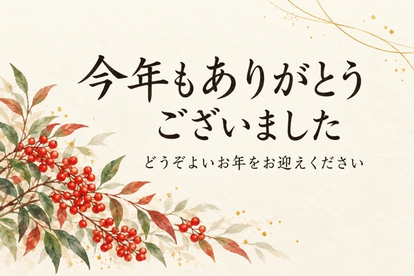 南天と金の線の年末カードの文字あり素材