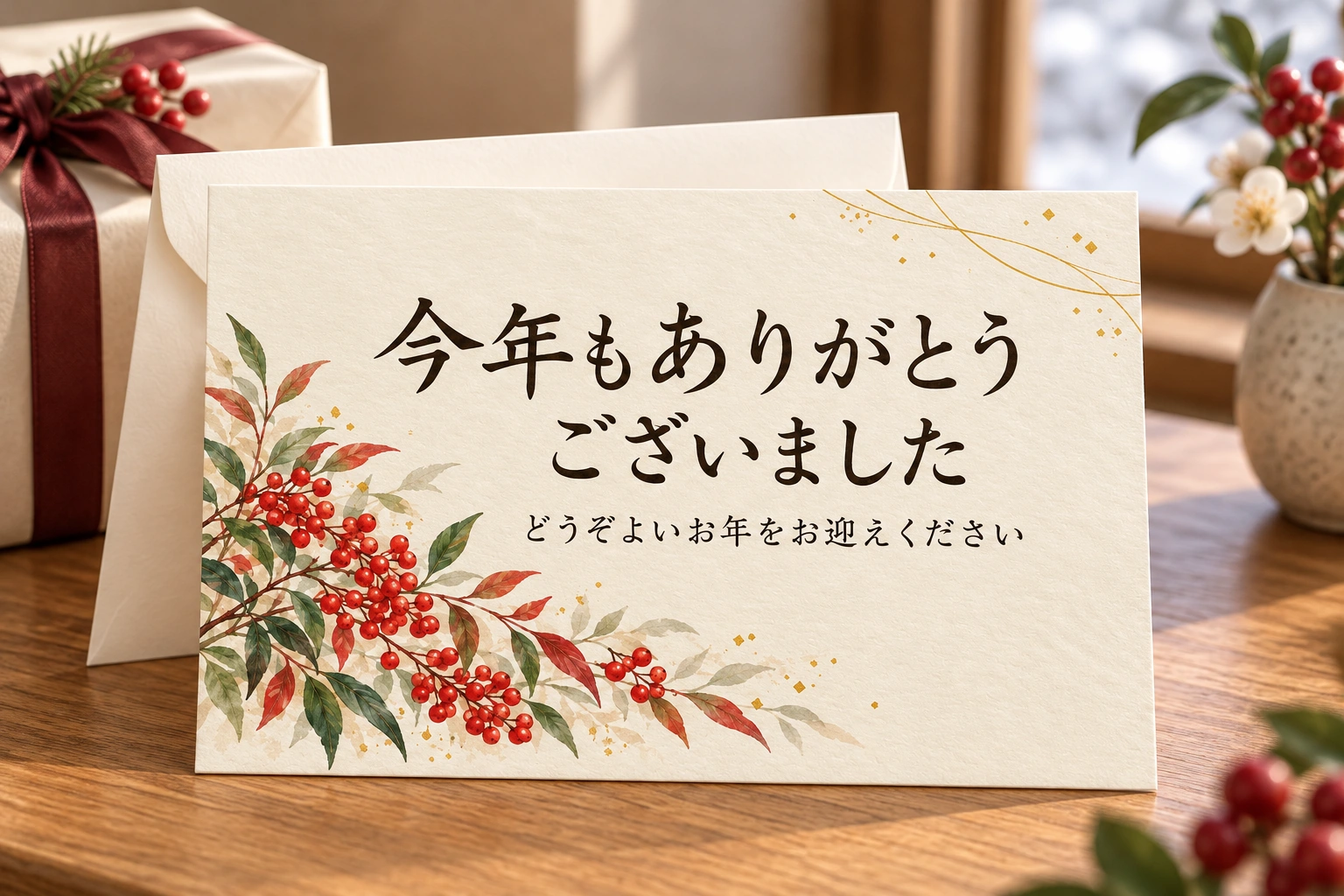 南天と金の線の年末カードを印刷して使う完成イメージ