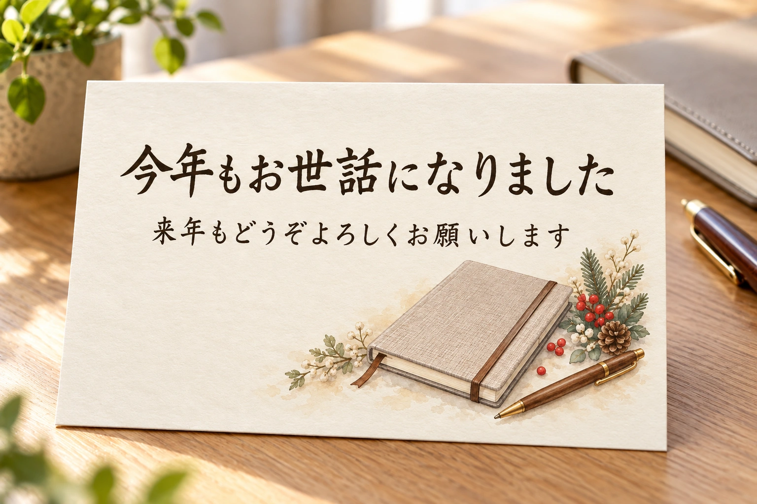 手帳とペンの仕事納めカードを印刷して使う完成イメージ